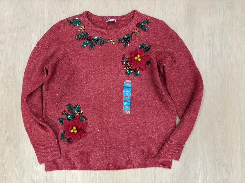 Christmas Sweater poinsettia Women's XL sequins crewneck Red embellished